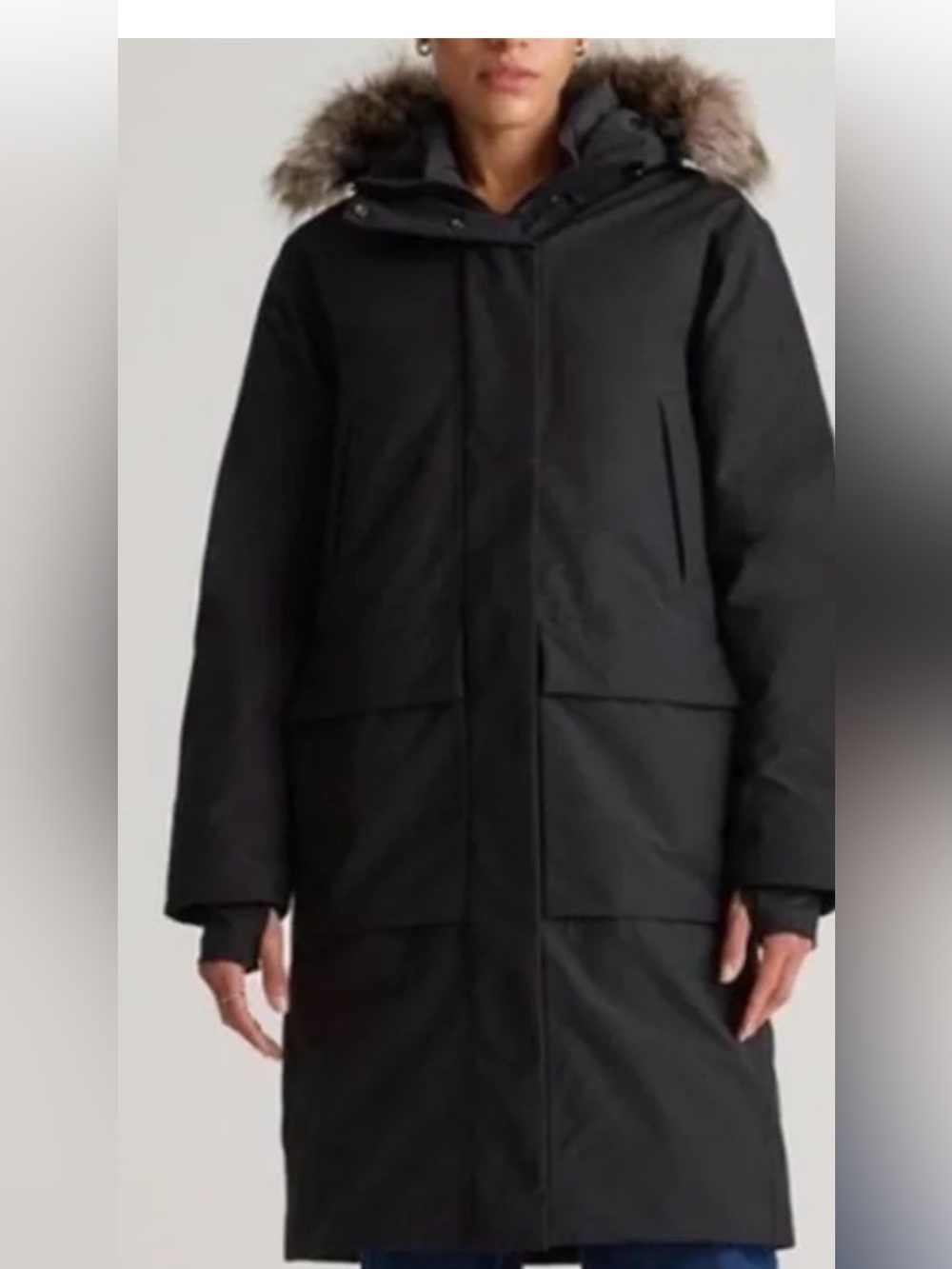 Quince Black Long Puffer Coat with Faux-Fur Trim Hood 22” p2p 30” L